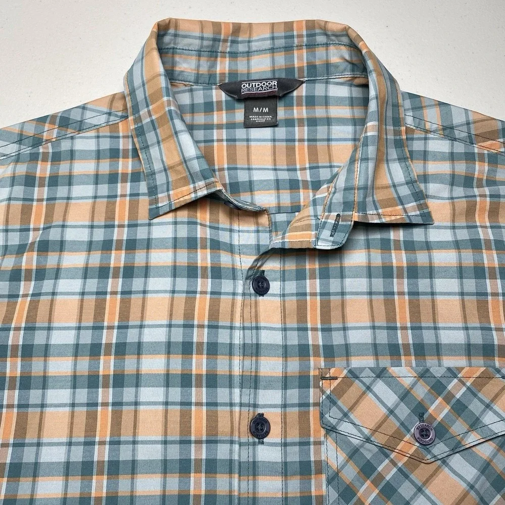 Outdoor Research Porter Shirt M S/S Blue Orange Plaid Hiking Gorpcore V056